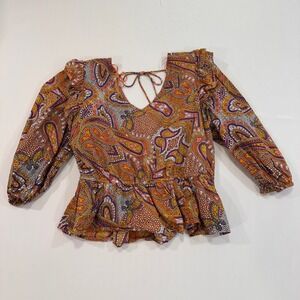 Broadway 38 Paisley Peplum Blouse Womens Large Orange Purple Cotton | Boho Retro